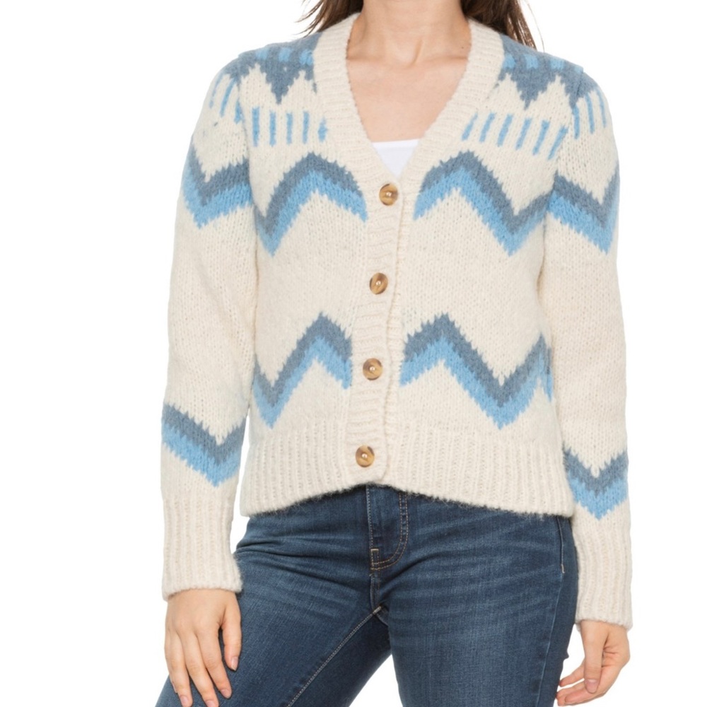 Faherty Icelyn Fair Isle Cardigan Sweater Small Blue Alpaca
